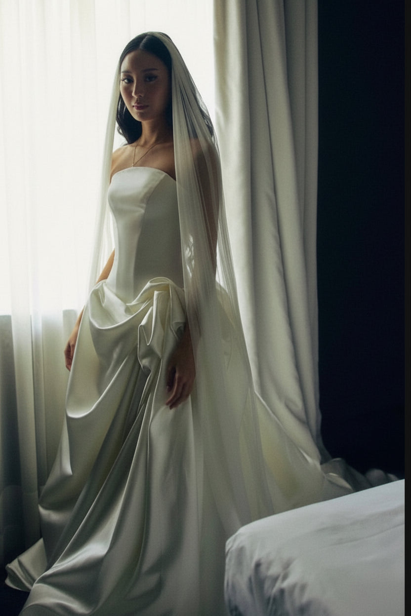 Strapless Satin Ball Gown Wedding Dress with Side Draping