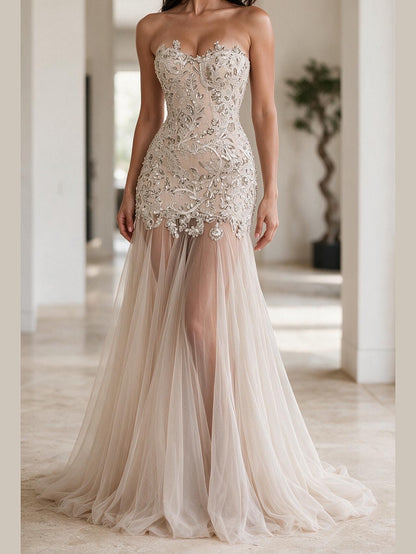 Strapless Embellished Sheer Tulle Evening Gown
