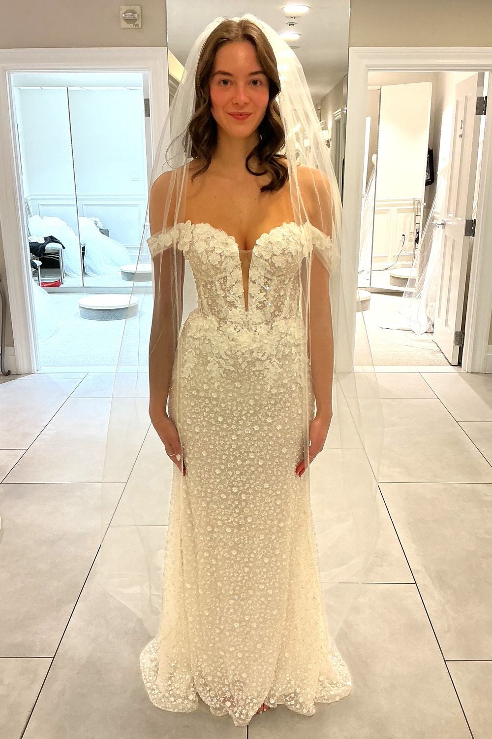 3D Floral Applique Fit and Flare Wedding Gown
