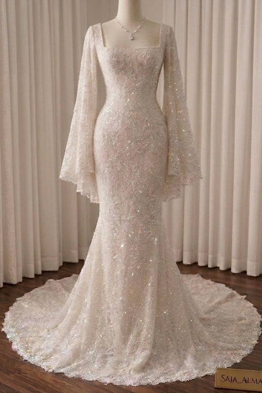 Square Neck Mermaid Lace Wedding Dress with Bell Sleeves