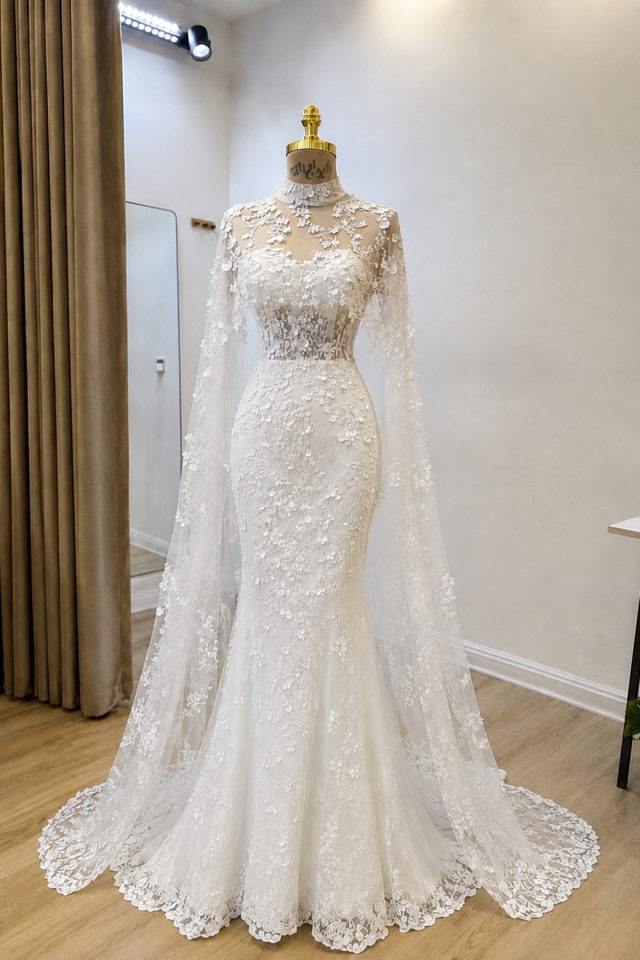 Lace Mermaid Wedding Dress with Sheer Cape