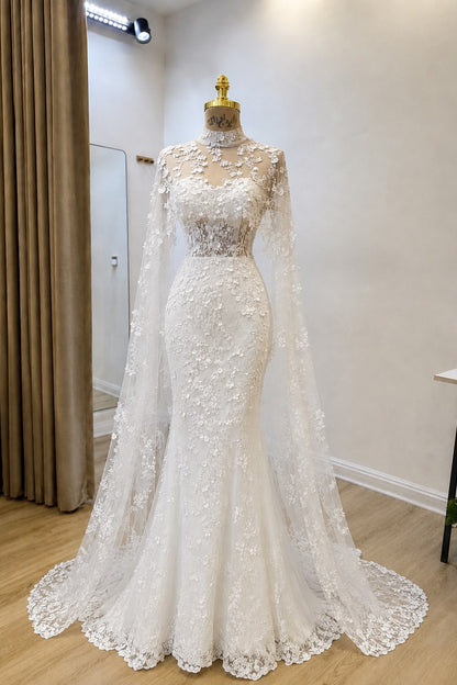 Lace Mermaid Wedding Dress with Sheer Cape
