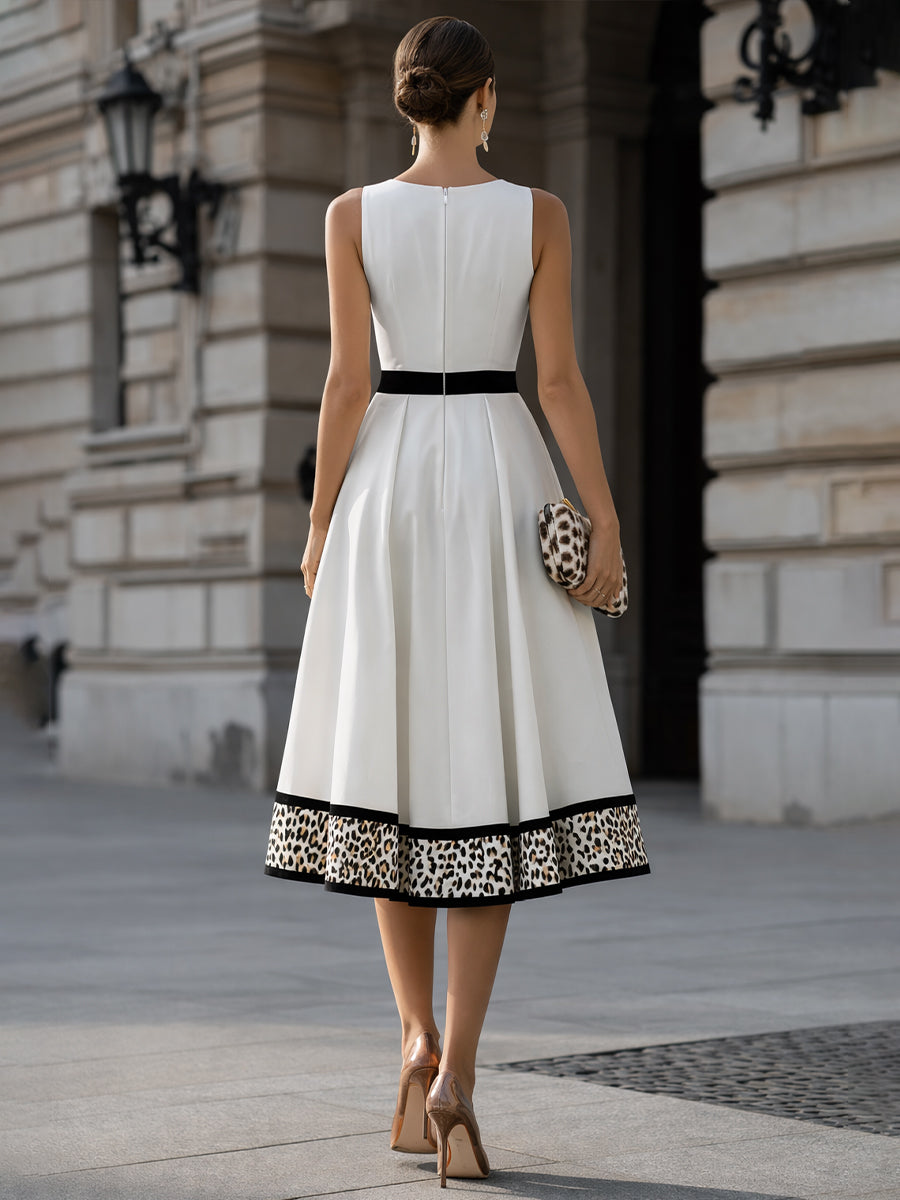 Sleeveless Midi Dress with Leopard Print Hem