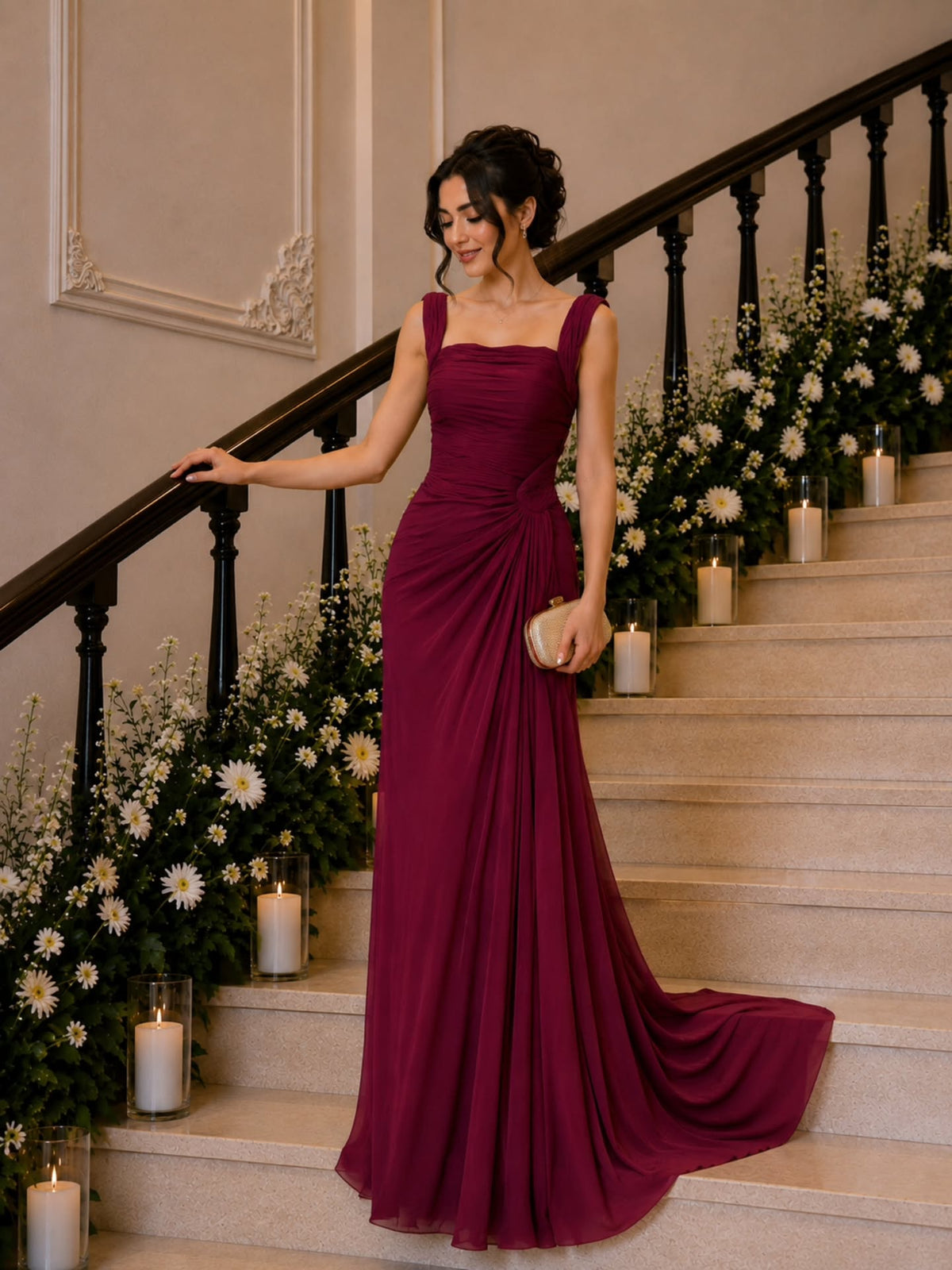 Ruched Column Gown with Side Draping and Square Neck