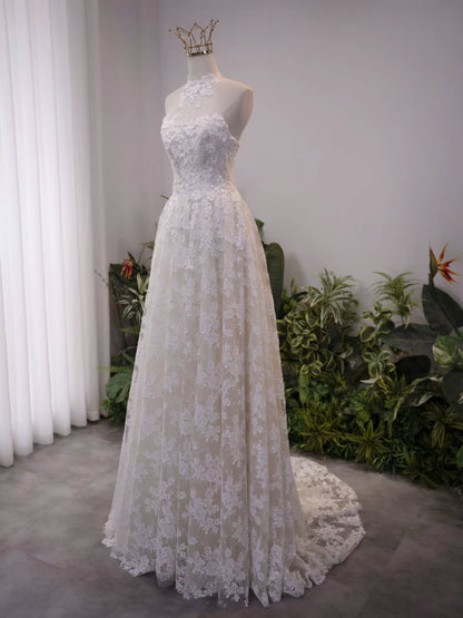 Halter Neck Floral Lace A-Line Wedding Dress
