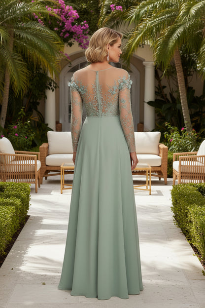 Long Sleeve Illusion Chiffon Evening Gown