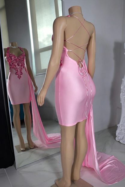 Beaded Halter Bodycon Mini Dress with Side Train