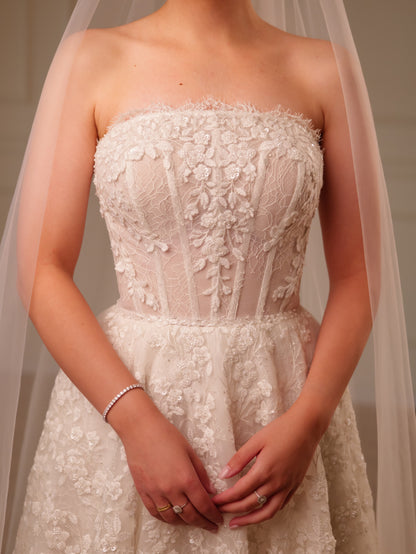 Strapless Floral Lace A-Line Wedding Dress