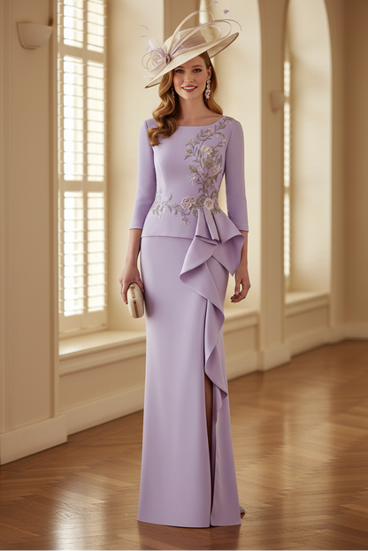 Floral Embroidered Column Gown with Ruffles
