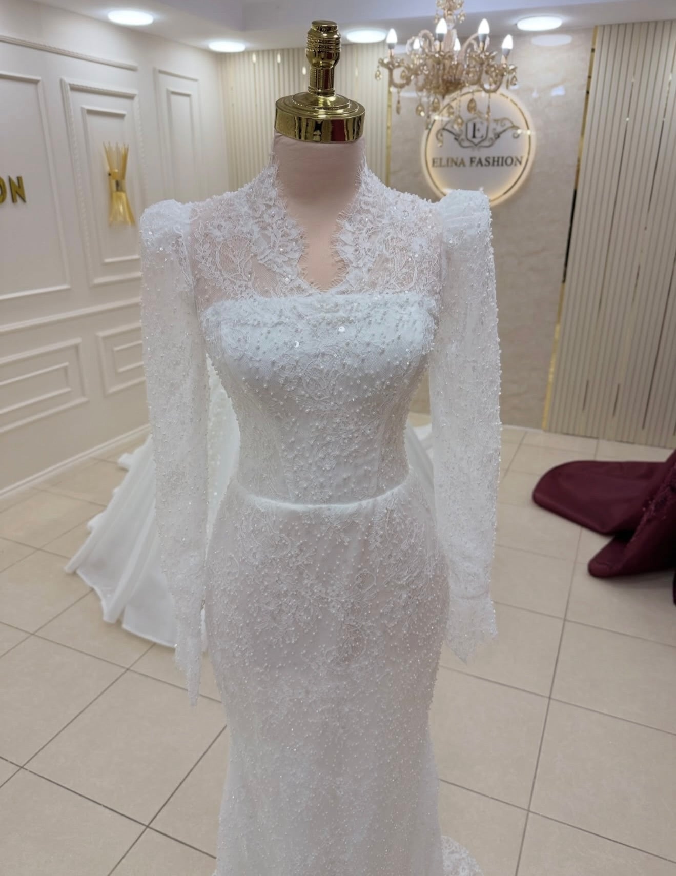 High Neck Lace Mermaid Wedding Dress with Long Sleeves
