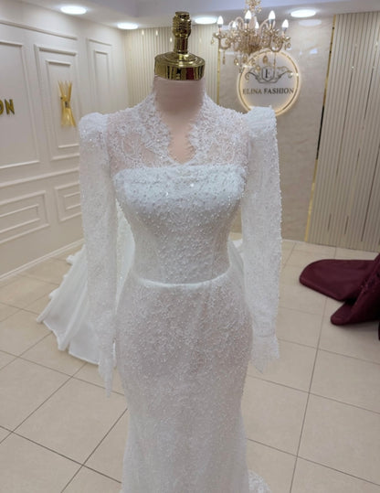 High Neck Lace Mermaid Wedding Dress with Long Sleeves