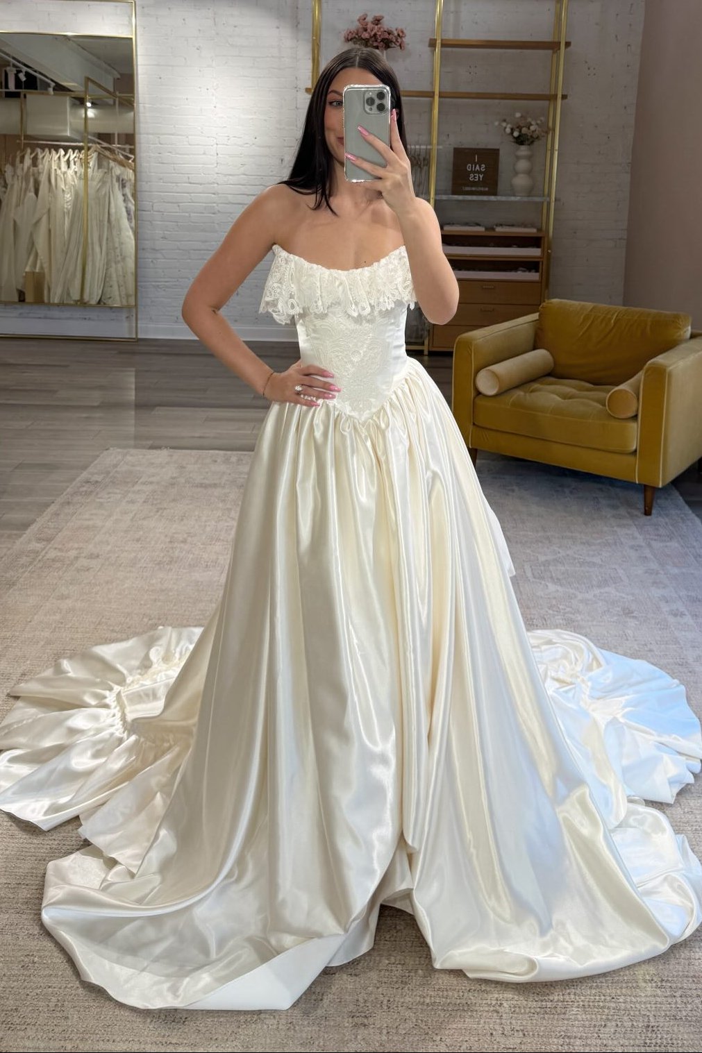 Strapless Lace Ruffle Basque Waist Ball Gown Wedding Dress