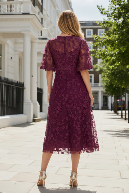 Floral Embroidered Lace A-Line Midi Dress