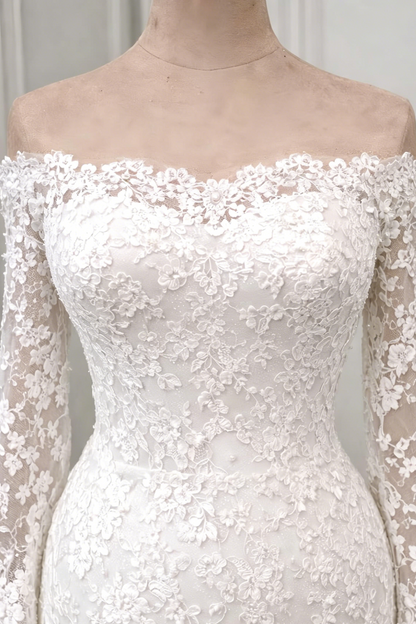 Off-Shoulder Lace Mermaid Gown with Bell Sleeves