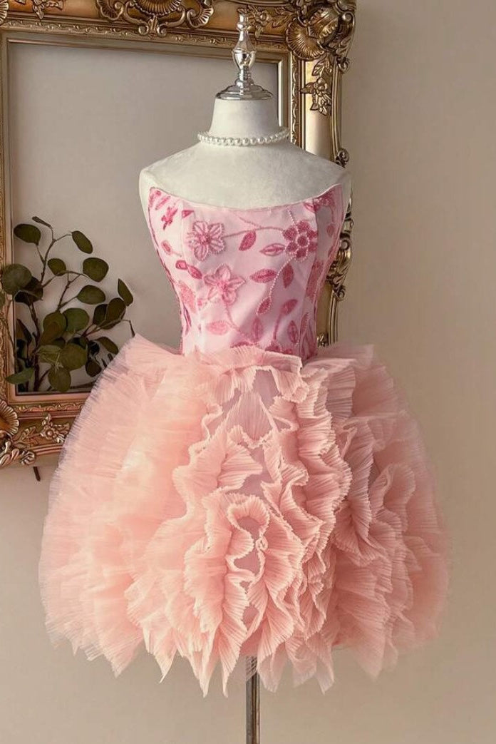 Strapless Embroidered Mini Dress with Ruffled Skirt