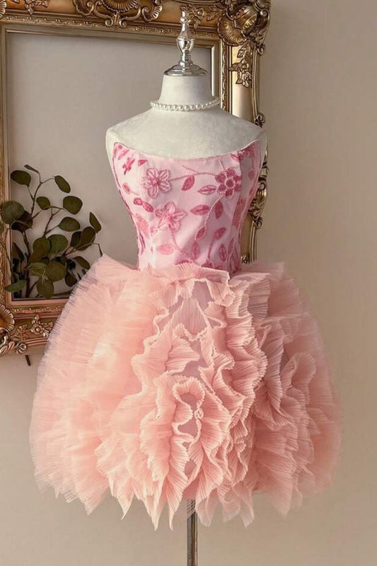 Strapless Embroidered Mini Dress with Ruffled Skirt