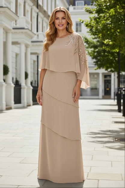 Beaded Cape Sleeve Tiered A-Line Evening Gown