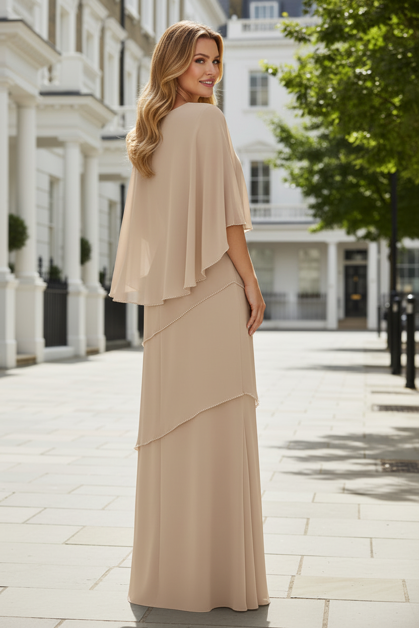 Beaded Cape Sleeve Tiered A-Line Evening Gown