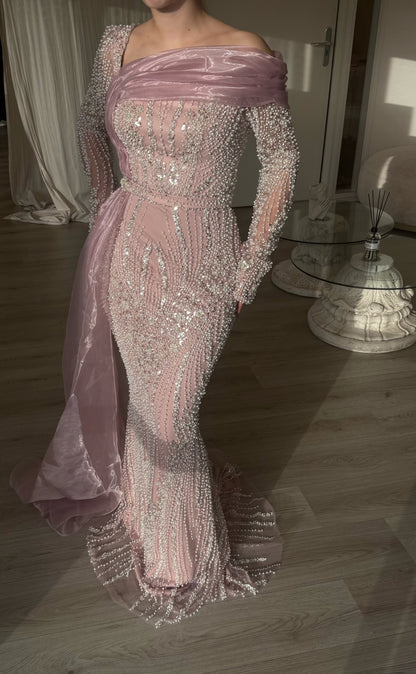 Beaded Asymmetrical Evening Gown with Drape