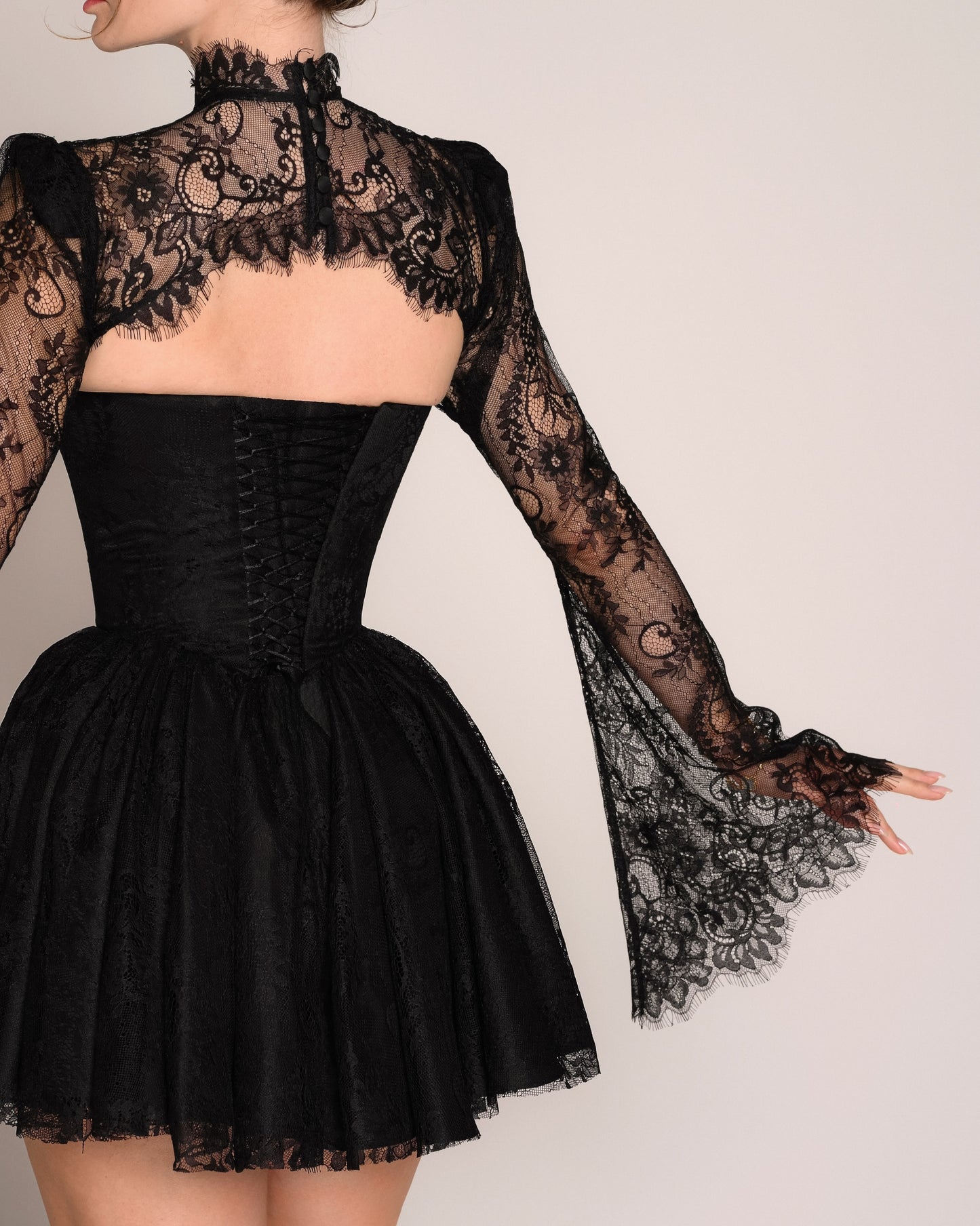 High Neck Lace Corset Mini Dress with Bell Sleeves