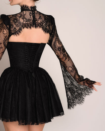 High Neck Lace Corset Mini Dress with Bell Sleeves