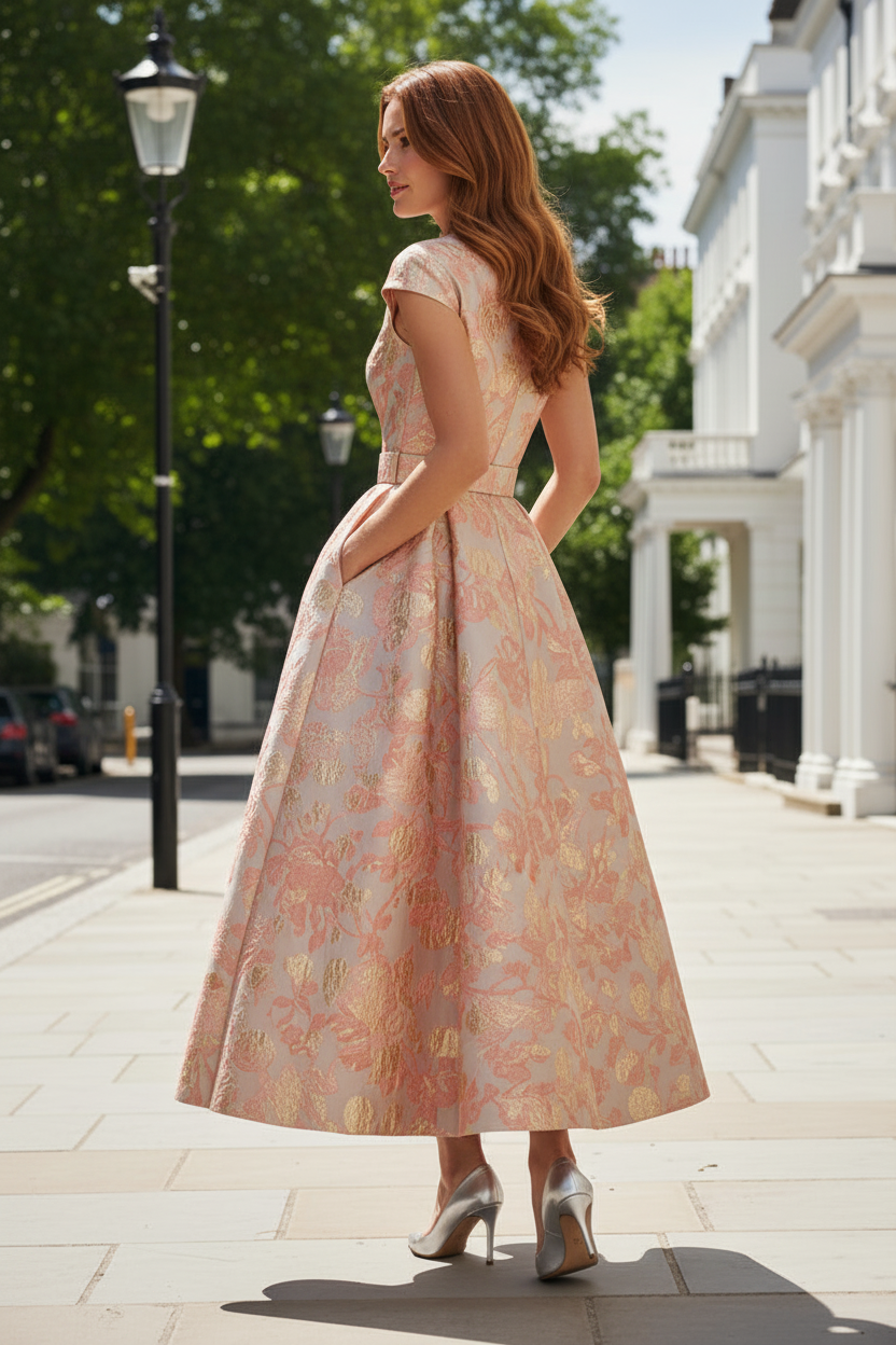 Belted Jacquard A-Line Tea-Length Dress with Pockets
