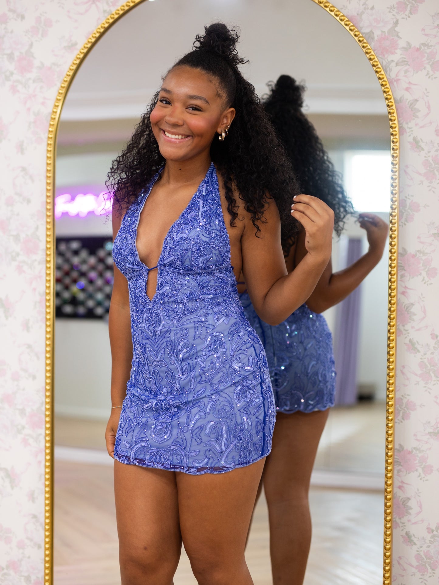 Beaded Sequin Halter Mini Dress with Open Back