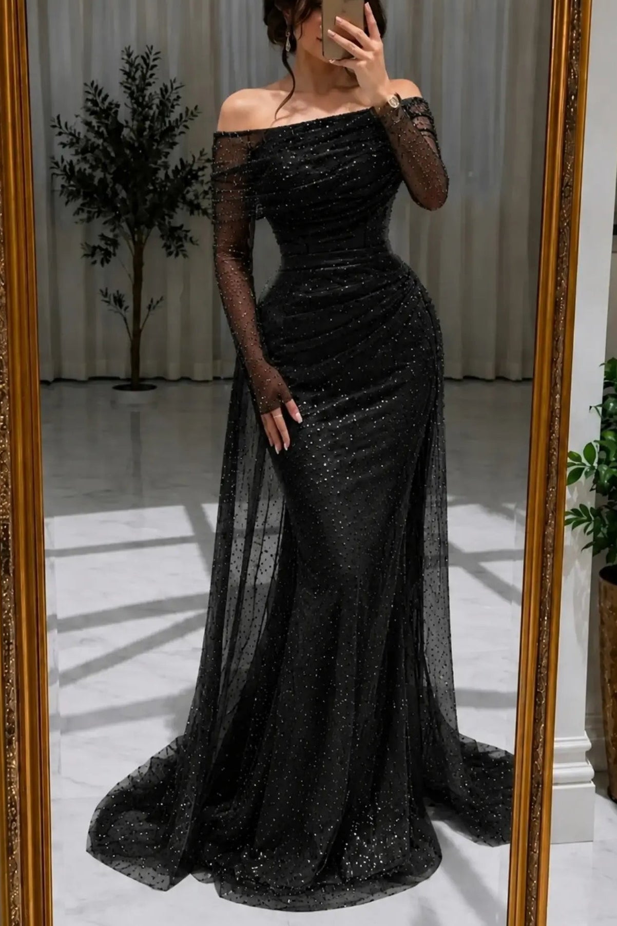 Off-the-Shoulder Glitter Ruched Evening Gown