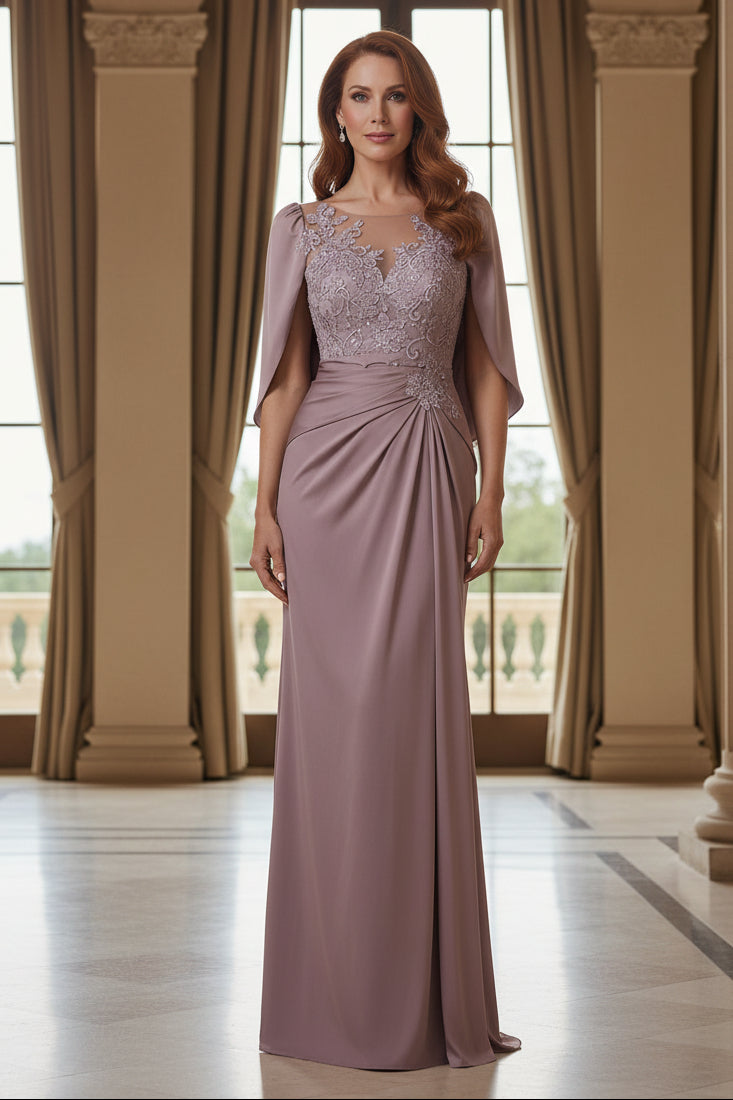 Illusion Lace Bodice Gown with Cape Sleeves & Draped Skirt