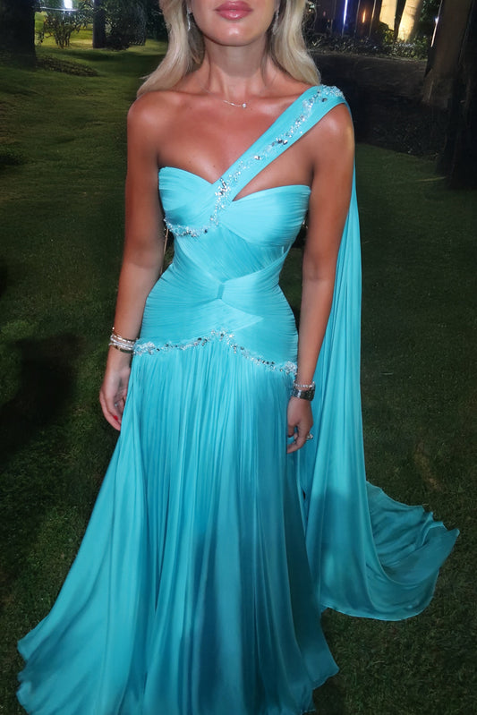 Asymmetric Pleated Chiffon Gown with Cape