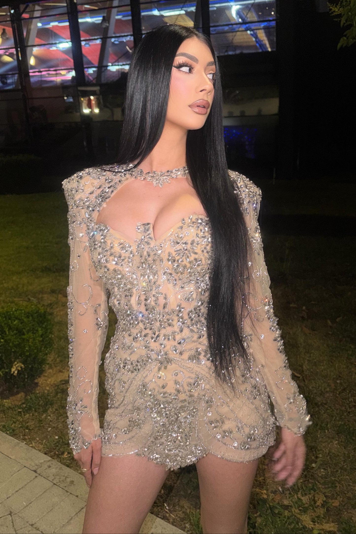 Rhinestone Embellished Cut-Out Mini Dress