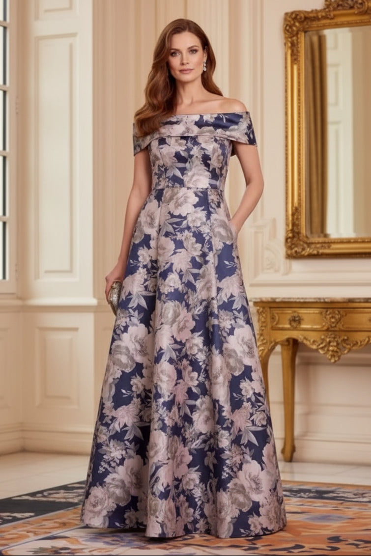 Off-Shoulder Floral Jacquard A-Line Evening Gown