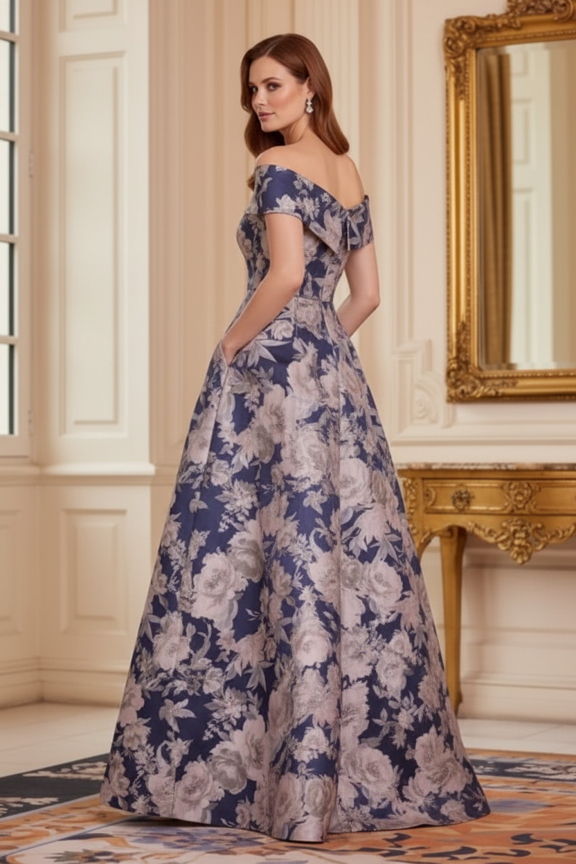 Off-Shoulder Floral Jacquard A-Line Evening Gown