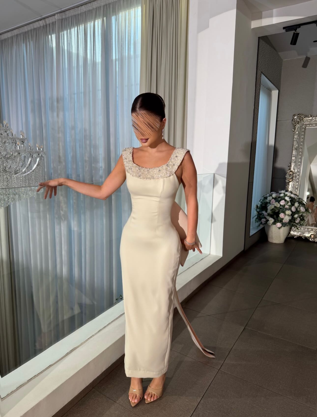 Elegant Beaded Scoop Neck Dress with Statement Back Bow