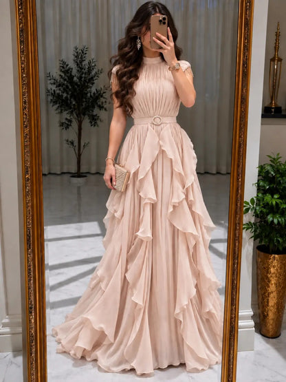 High Neck Pleated Gown with Cascading Ruffles