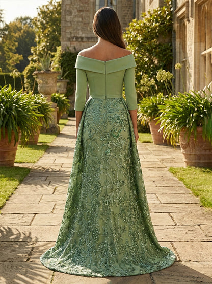 Off-the-Shoulder Embroidered Gown with Overskirt