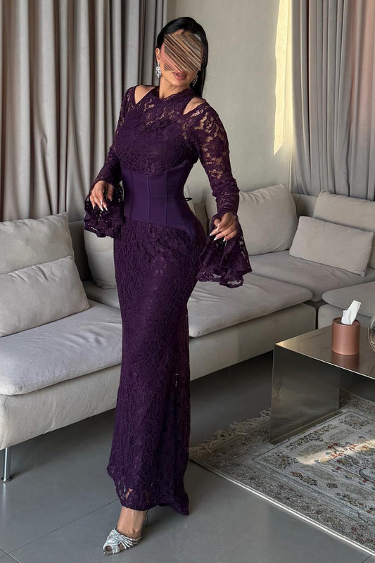 High-Neck Lace Maxi Dress with Corset Waist