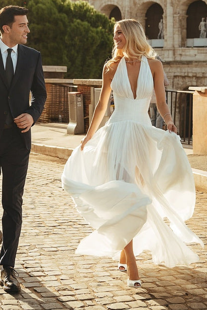 Deep V-Neck Halter A-Line Wedding Dress with Corset Back