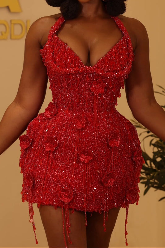 3D Floral Beaded Halter Mini Dress
