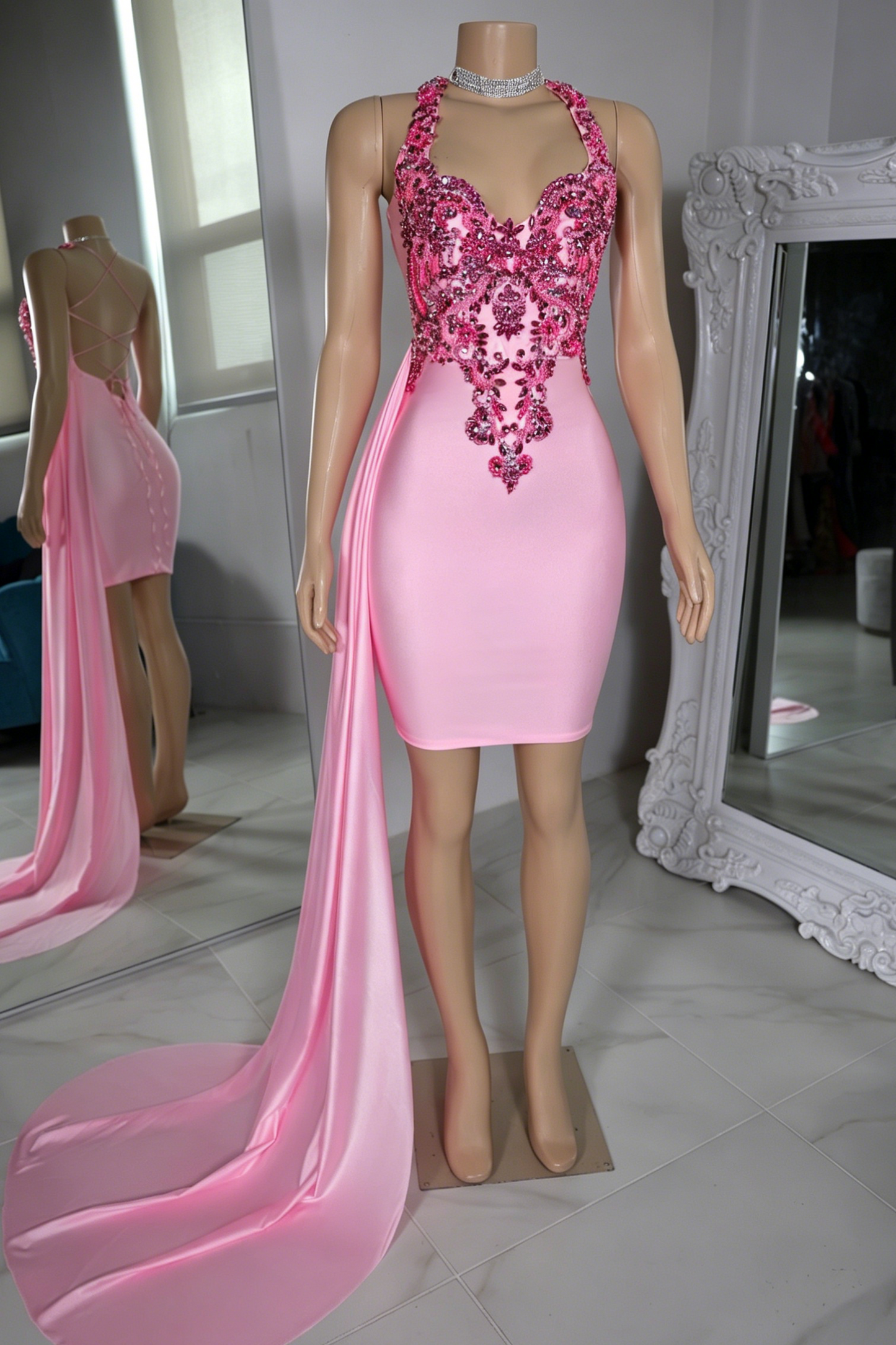 Beaded Halter Bodycon Mini Dress with Side Train