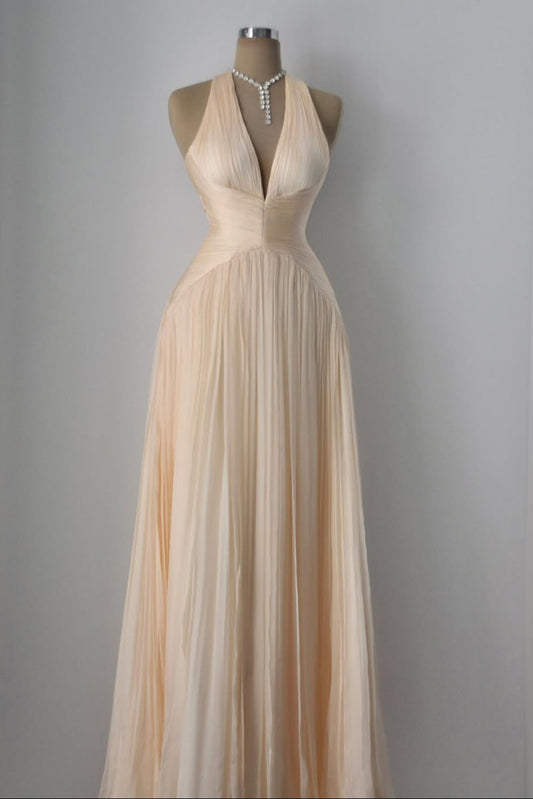 Pleated Halter Deep V Chiffon Gown