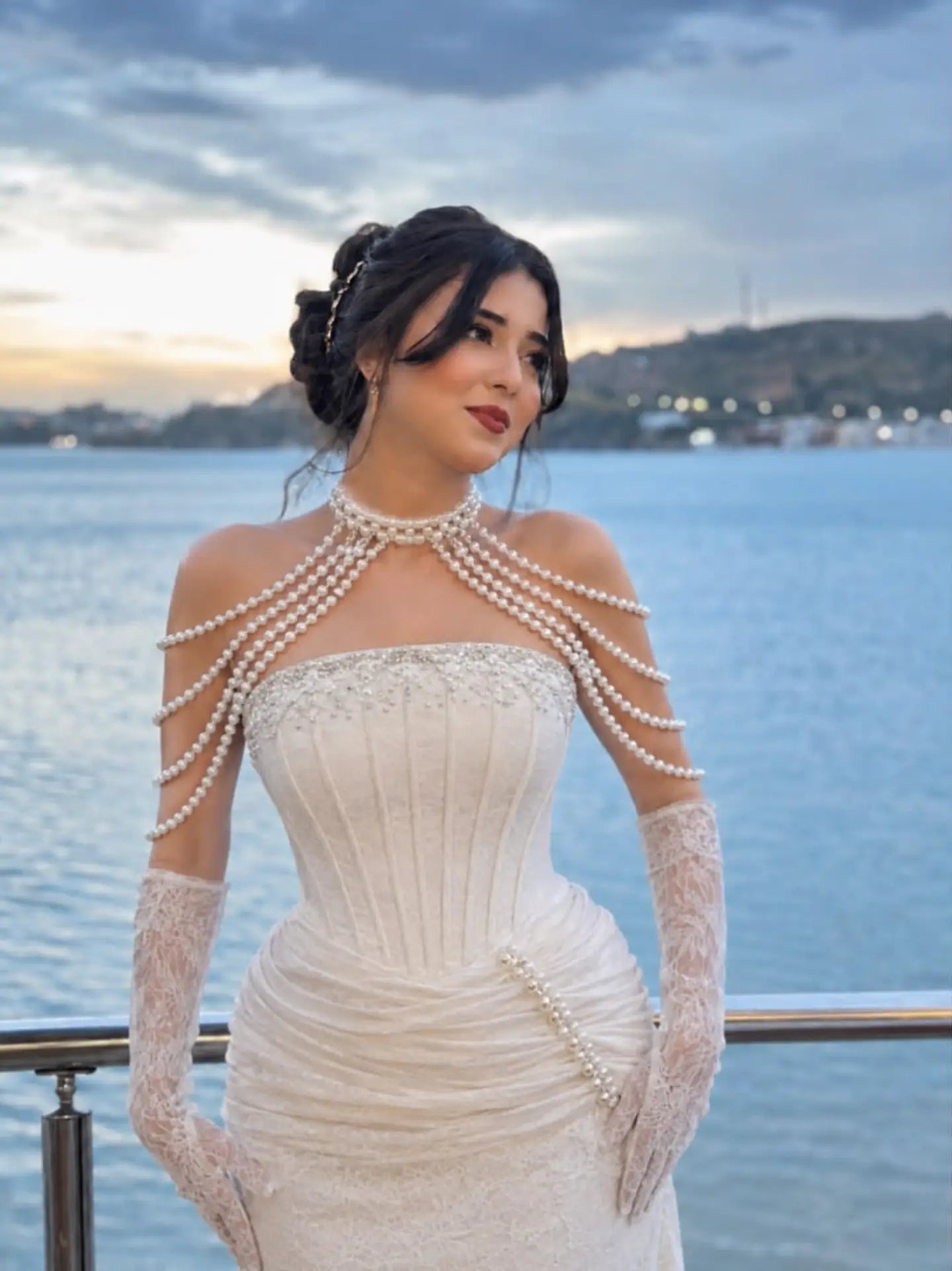 Corset Mermaid Gown with Pearl Capelet