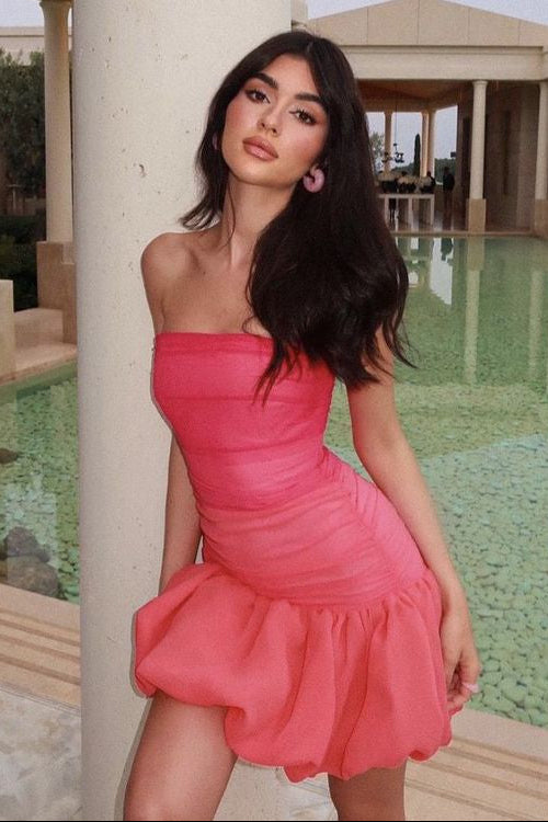 Strapless Ruched Mini Dress with Bubble Skirt