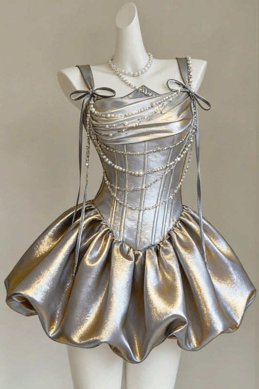 Pearl Corset Mini Dress with Bubble Skirt