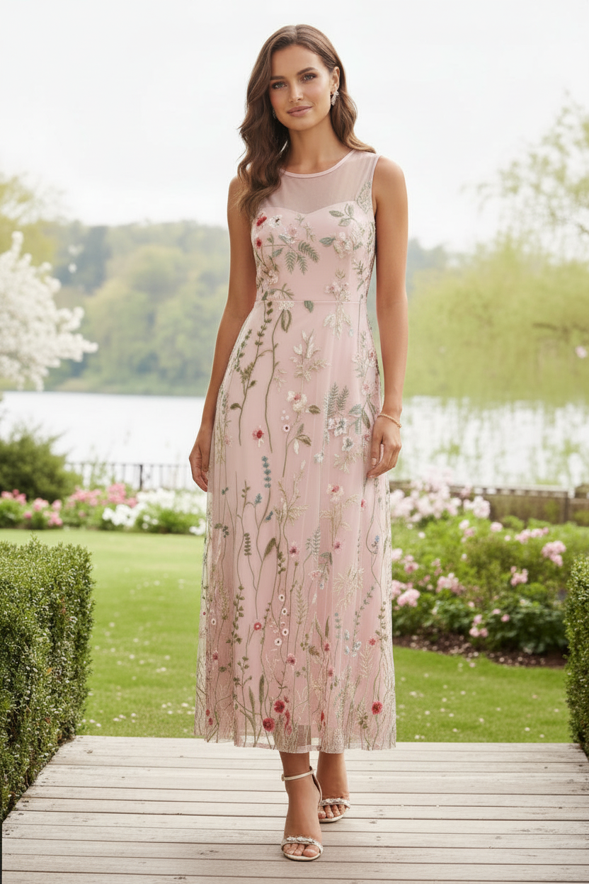Pink Floral Embroidered Mesh Two-Piece Midi Dress with Chiffon Cardigan