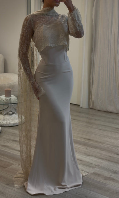 Corset Column Gown with Sheer Lace Cape Overlay