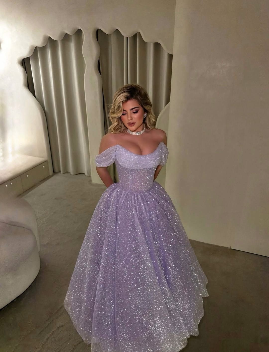 Off Shoulder Glitter Ball Gown