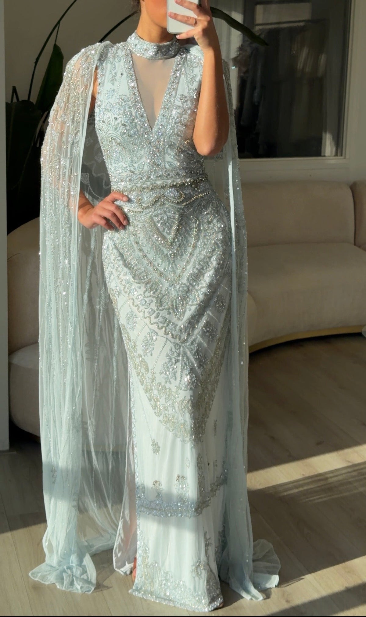 Embellished Cape Evening Gown with Illusion Neckline