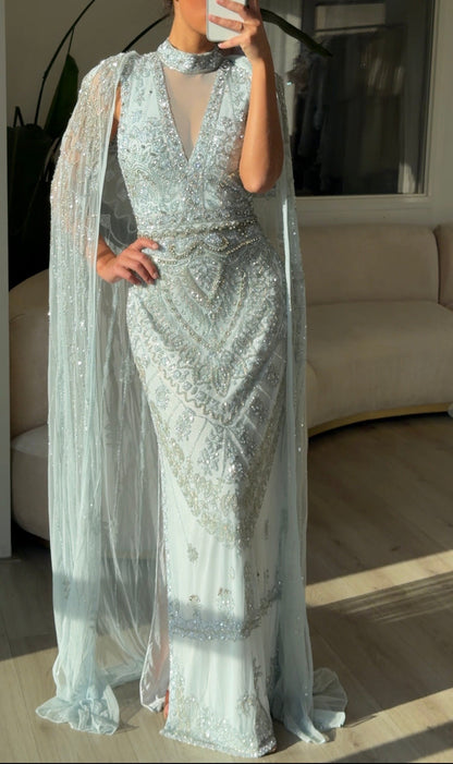 Embellished Cape Evening Gown with Illusion Neckline