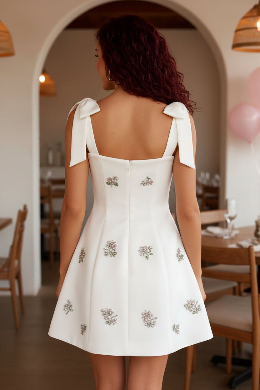 Beaded Floral A-Line Mini Dress with Bow Straps